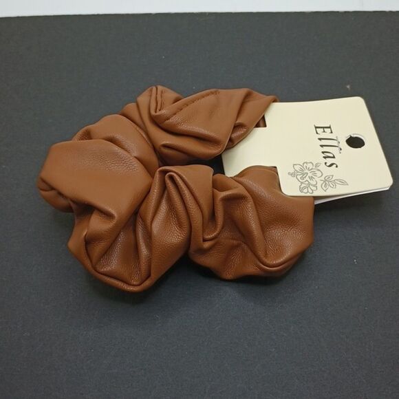 BROWN leather scrunchie fancy hair tie - Picture 2 of 5